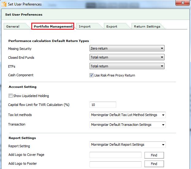3. Go to the Portfolio Management tab to set performance calculation return types as well