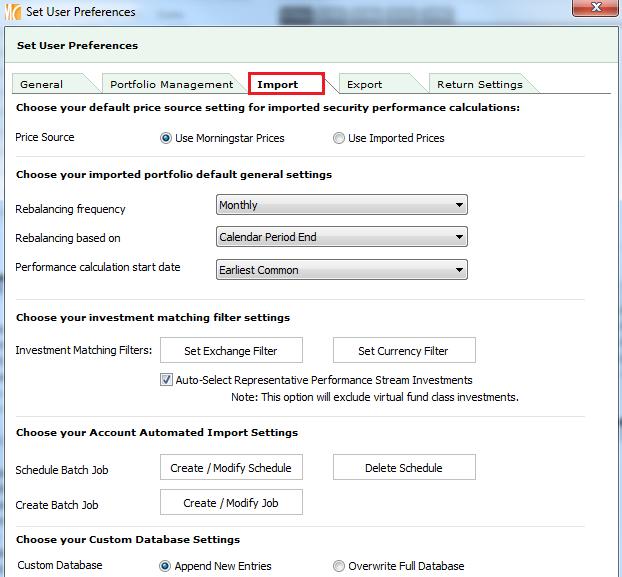 4. Go to the Import tab to set the default price source for imported security performance calculations.