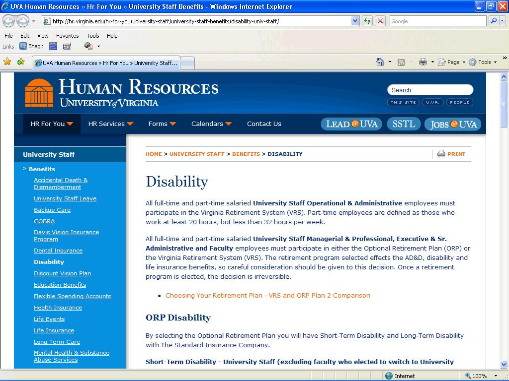 18. UVa's Disability web page displays a section of information on ORP Disability. Click the vertical scrollbar. 19.