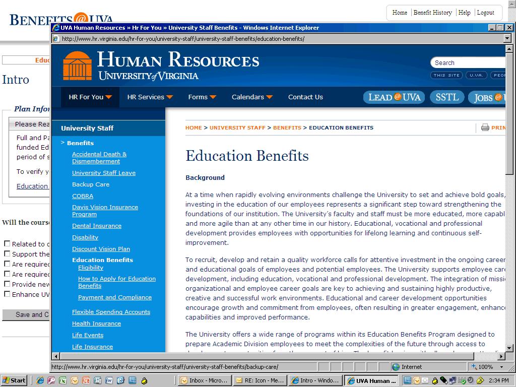 4. UVa's Education Benefits web page displays. Click the Close button. 5.