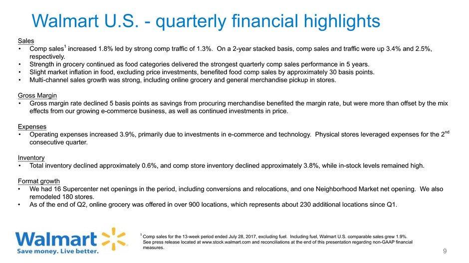 Walmart U.S. - quarterly financial highlights 9 Sales Comp sales1 increased 1.8% led by strong comp traffic of 1.3%. On a 2-year stacked basis, comp sales and traffic were up 3.4% and 2.