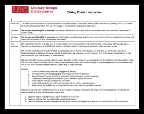 LDC MARKETING STRATEGY: PUTTING IT ALL TOGETHER TALKING POINTS Situate LDC within the district s needs and goals using a common problem of practice or FAQ as an entry point.