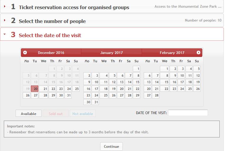2. Select the date of the visit The calendar will show in different colors the dates that are Available, Not available or Sold out. 3.