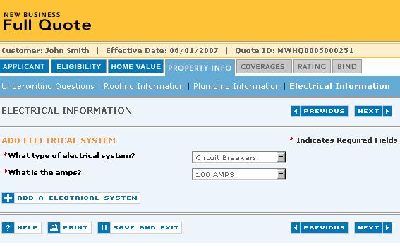 Select Next to advance to the Electrical Information screen. Electrical Information *What type of electrical system?