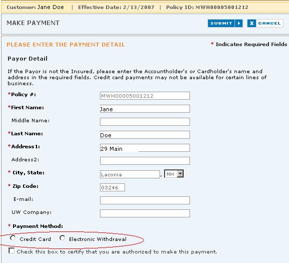 The Web Pay screen will automatically populate with the following fields: Policy #: First Name Last Name