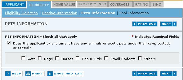 Eligibility-Pet Information Does the applicant or any tenant have any animals or exotic pets under