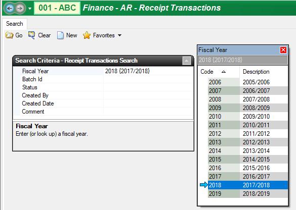 Finance AR Receipt Transactions After July 1, 2018, the system will default to 2019 {2018/2019} Change the date to 2018 {2017/2018} to create accrauls for
