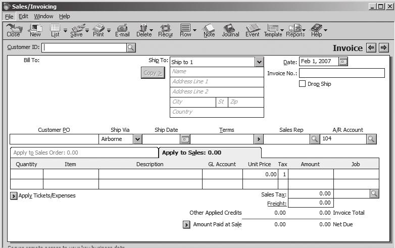 Step 3: The Sales/Invoicing window will appear, as shown in figure 4 7. Enter the information for the sale on credit that occurred on January 4, 2007.