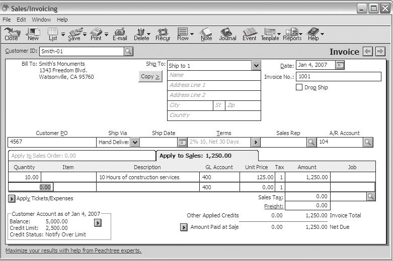 Step 14: Review the completed Sales/Invoicing window for Smith s Monuments, as shown in figure 4 10. If your entries contain any errors, correct them.