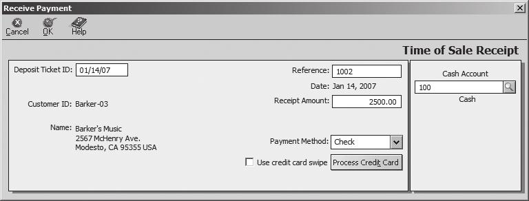 Step 12: At the Payment Method drop-down list, click Check. (It should be already selected as a default.) Step 13: At the Cash Account drop-down list, double-click 100.