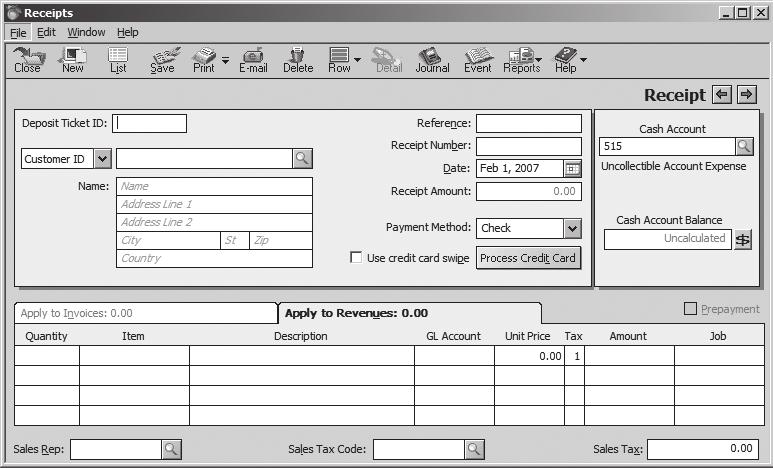 FIGURE 4-32 Receipts Window Step 4: Key 01/29/07 in the Deposit Ticket ID field. Step 5: Click the magnifying glass icon and then click Running Gadgets from the drop-down list of customer IDs.