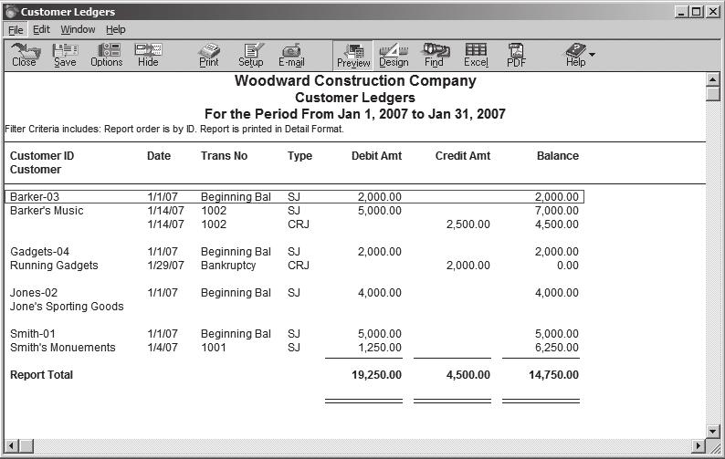 FIGURE 4-39 Customer Ledgers for Woodward Construction Company Step 9: Close the Select a Report dialog box. Check POINT 1. What two methods are used to record uncollectible accounts? 2.