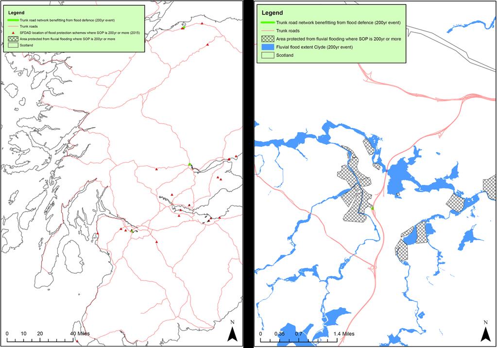 The length of the trunk road network benefitting from flood prevention measures for a 0.5% probability (1:200 year) fluvial flood event (i.e. the length of the network located within the areas defended from fluvial flooding where SOP is 200 years or) is 6,207m.