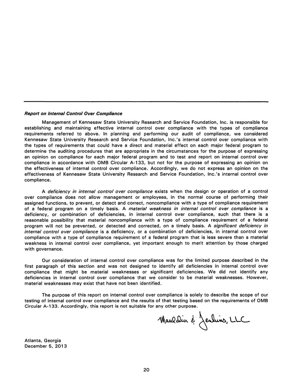 Report on Internal Control Over Compliance Management of Kennesaw State University Research and Service Foundation, Inc.