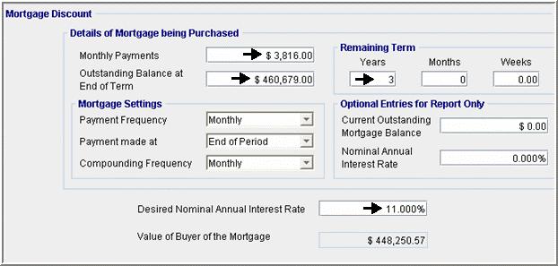 Mortgage Discount Calculator Is used to determine how much to pay for a mortgage in order to obtain a specified annual return. Example: An investor is considering buying the following mortgage.