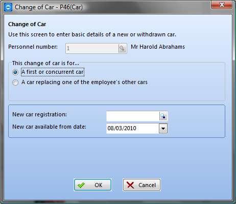 If it is the first or concurrent car for this employee, select the registration number and enter the date from which the car is available and click OK. This will take you back to the main screen.