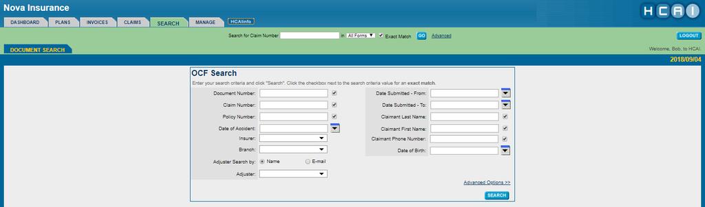 Search Click on the Search tab to begin to search for one or more OCFs. The Search tab allows you to look for a specific plan or invoice.