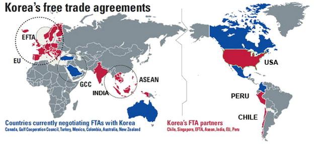 KOREA S FTA PARTNERS Korea has 48 FTA partner countries including: Chile, Singapore, India,