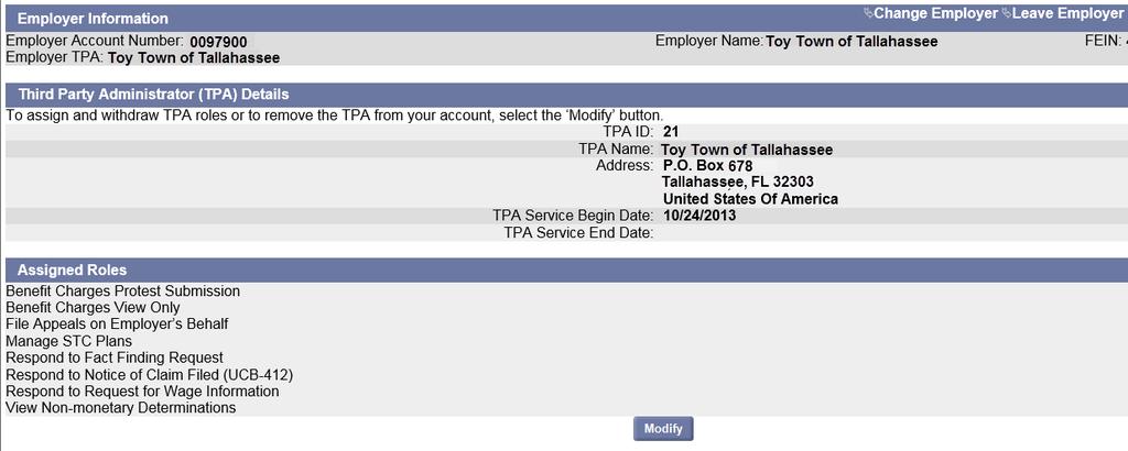 The Employer Information page displays with Assigned Roles options. 5. Assigned Roles displays all roles that are currently assigned to the Employer s TPA. 6.