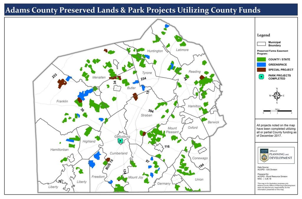 The properties depicted in green are active farms that have been permanently preserved through the Adams County Farmland Preservation Program using county and state funding.