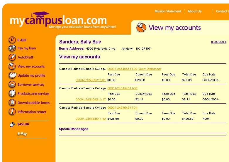 View My Accounts This page displays all accounts by consolidation* for a borrower and the loans associated with the consolidation.