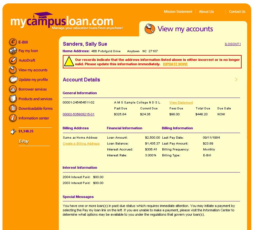 Account Details This page displays loan information by account. If a borrower has only one account, then the Account Details screen shown below appears immediately after login.