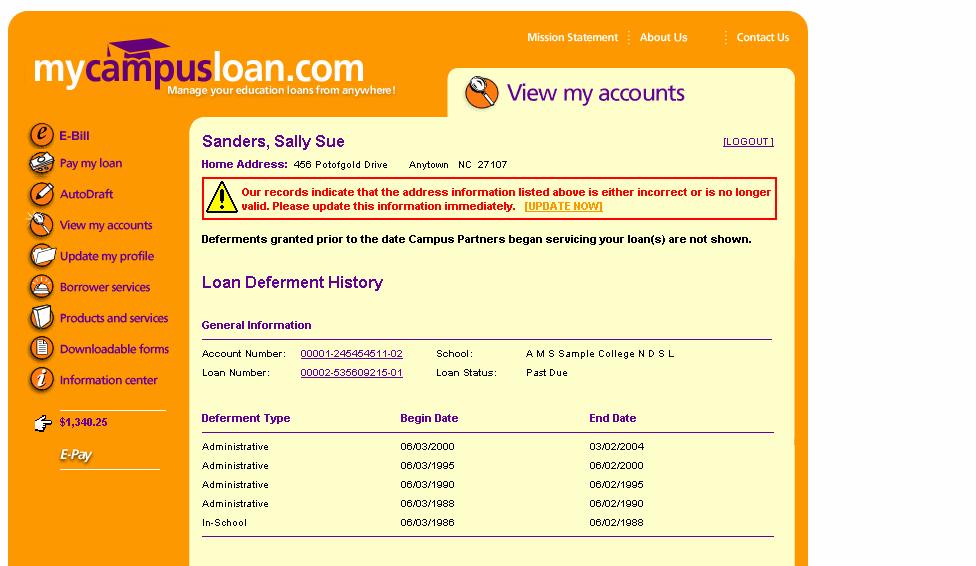 Loan Deferment History This page displays the borrower s payment history at the loan level (program/loan/sequence).