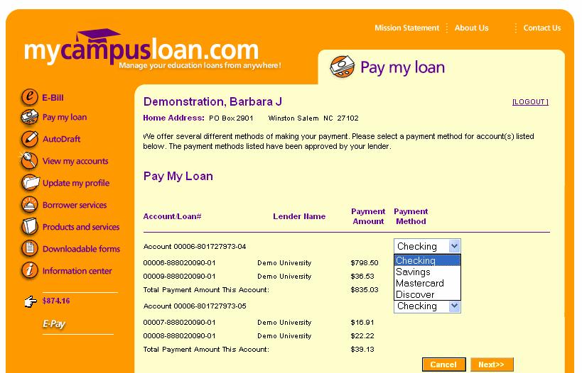 Pay My Loan (second screen) After selecting the Next link from the first Pay My Loan page the following page displays.