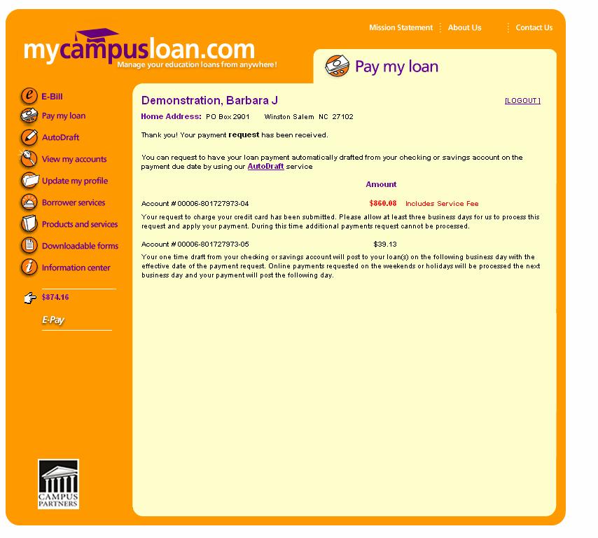 Pay My Loan/E-Pay Thank You Page The page re-caps payment information and thanks the borrower for choosing E-Pay. Information about payment processing and a link to our AutoDraft page also appears.
