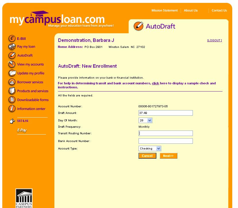 When the Enroll option is selected, the AutoDraft-New Enrollment page appears.