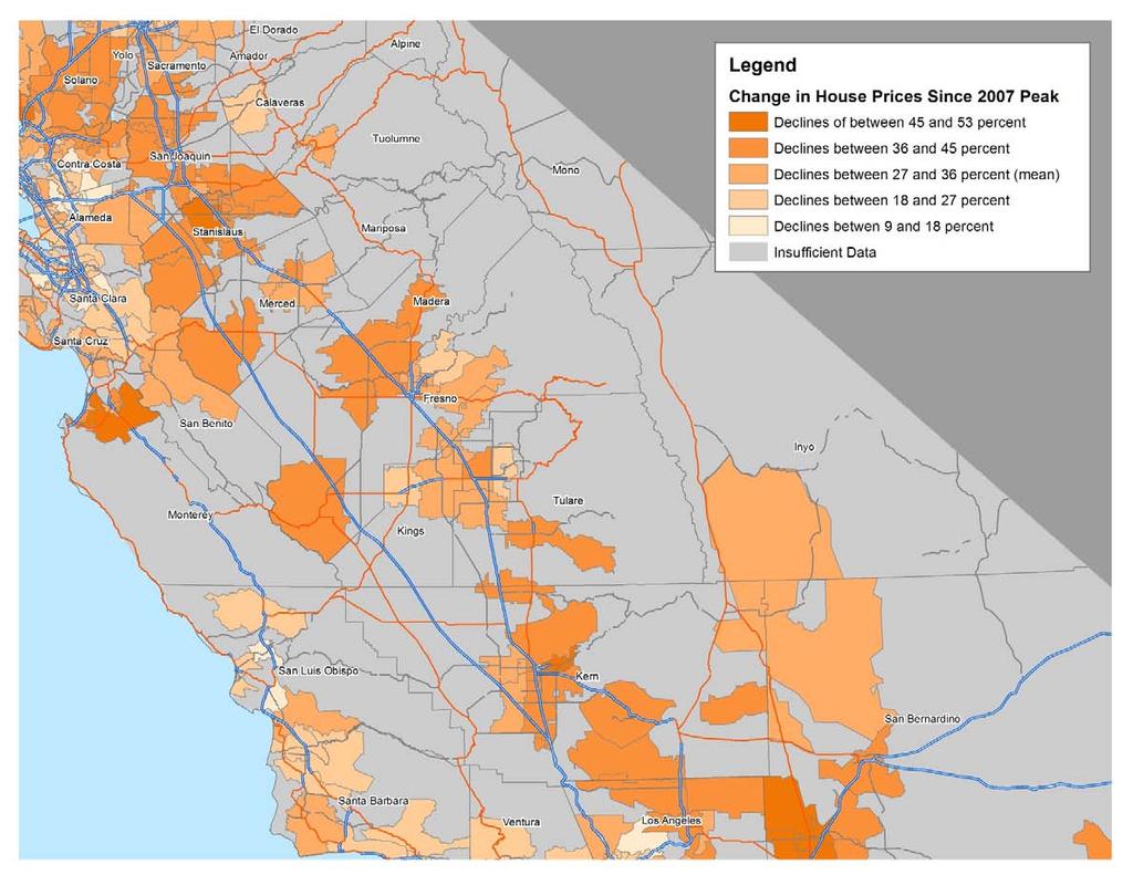 Central California Data Maps Changes in House Prices Since 2007 Peak