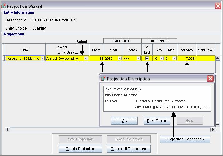 6. Select the Quantity row for Product Z and click on the Projection Wizard button 7.