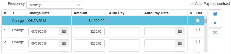 7. In the first row, enter the charge amount in Auto Pay field. 8. Select the Auto Pay Date. 9. Click Fill.