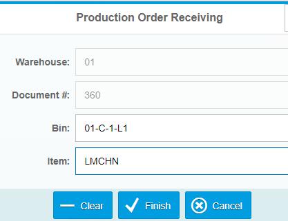 Production Order Receiving If you are working with a standard production order, make sure you first complete the Production Order Pick List process (two sections above in this document) before doing