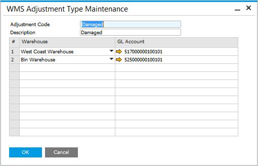 WMS Adjustment Type Maintenance (Administration > Resolv Setup > Resolv Warehouse Management > WMS Adjustment Type Maintenance) You must set up at least one WMS Adjustment Code which will be used