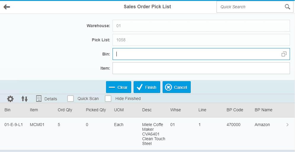 Sales Order Pick List Start by selecting your warehouse and scanning your pick list number. If you don t know your pick list number you can use the lookup button to find it.