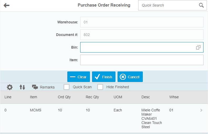 Purchase Order Receiving Cont d Back on the main Purchase Order Receiving screen you will see the Rec Qty column update with the quantities that you have received.