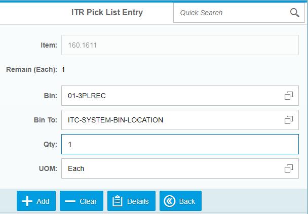 After your item is selected you will be brought to the ITR Pick List Entry screen. In here it will show you how much of the selected item is remaining to be picked.