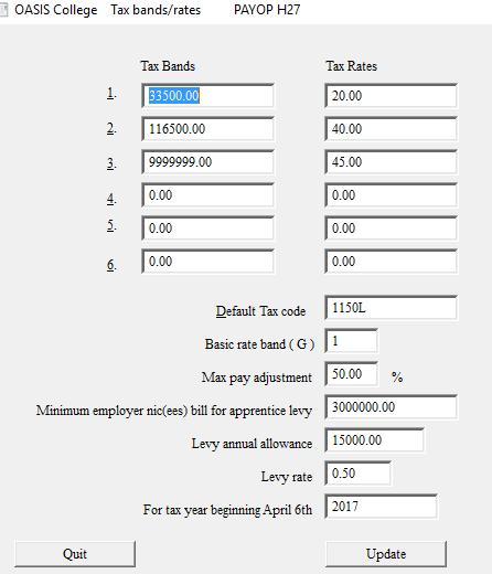 First select the Tax rates/bands and check they are set as shown here: As well as setting the tax bands and rates the default tax code is included in this screen.