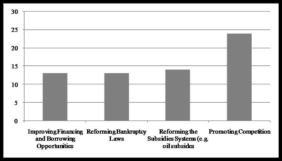 As for improving the business climate, the responses focused on promoting competition, reforming the support systems (e.g. restricting oil subsides to those in real need), introducing reforms of bankruptcy laws and improving funding and borrowing opportunities (see Figure 4).