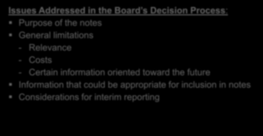 Phase I: Board s Decision Process Issued March 4, 2014; Comment period ended July 14, 2014: The Exposure Draft, Conceptual Framework for Financial Reporting: Chapter 8: Notes to Financial Statements