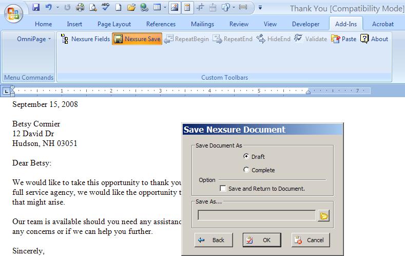 Nexsure Training Manual - CRM When the document has been completed, click the Nexsure Save The Save Nexsure Document dialog box is displayed. button.
