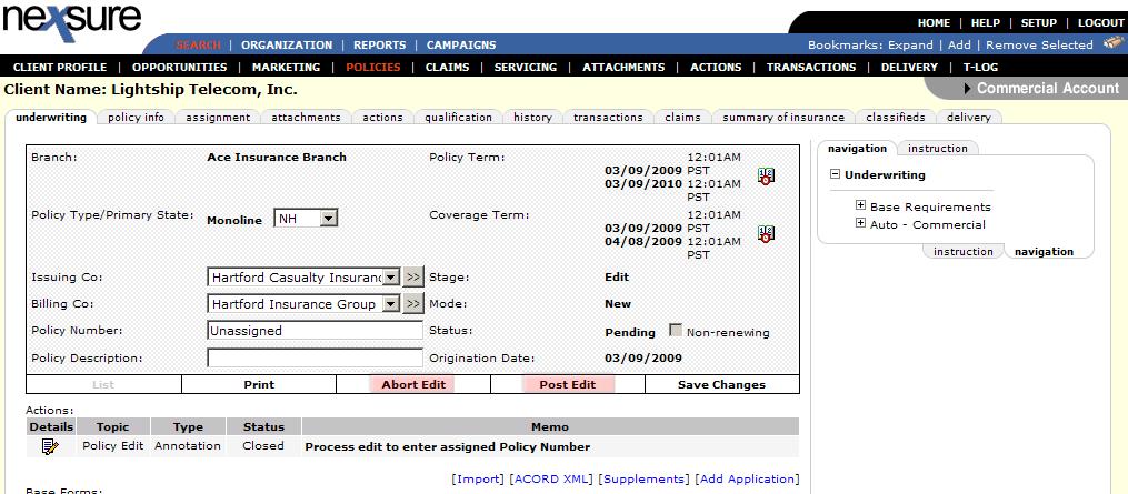 Nexsure Training Manual - CRM appear in a summary view. Each pending edit will have two Details icons. Clicking the second Details icon displays the underwriting tab of the pending edit.