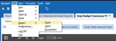 Exporting Reports to Excel Once the CatPlan report is open in PDF (or HTML) preview, click File > Export > Excel Your report will