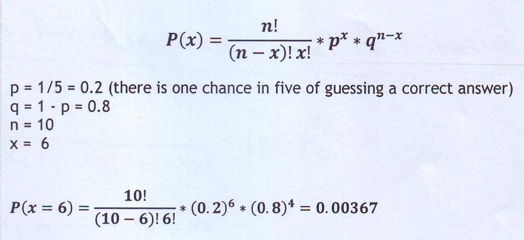 Example -3- If a student randomly guesses at 10 multiple - choice questions, find the probability that the student gets exactly 6 correct. Each question has five possible choices.