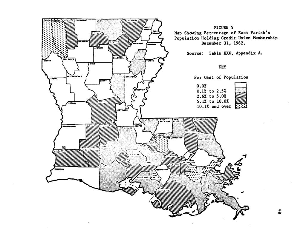 Hfkjil FIGURE 5 Map Showing Percentage of Each P arish's Population Holding Credit Union Membership December 31, 1962.
