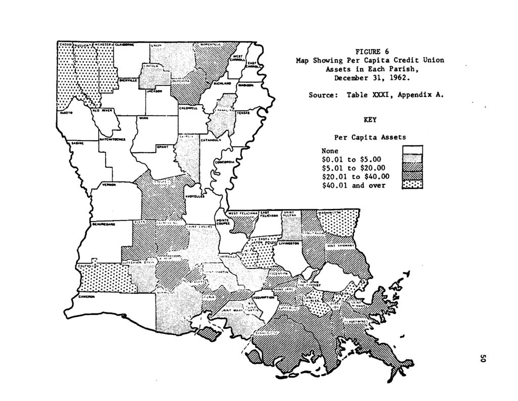 i c l a w w i h * o* ***«i»**»a««* ** * * * * 4*» IncolnX FIGURE 6 Map Shoving Per Capita Credit Union Assets in Each P arish, December 31, 1962. Source: Table XXXI, Appendix A.