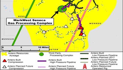 Pipelines (Miles) High Pressure Gathering Pipelines (Miles) 58 63 36 36 Condensate Pipelines (Miles) 19 19 Compression Capacity (MMcf/d) 120 120 Antero plans to operate an average of three drilling