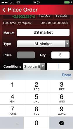 Stop Order (Buy/ Sell) 1) Choose Buy or Sell Order 2) Put in Stock Code 3) Select M-Market from Type 4) Put in Quantity 5) Select Stop Limit from Conditions 6) Put in Trigger Price 7) Press the Buy
