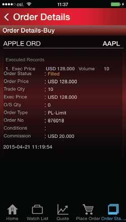 Click on order details to view the executed quantity, ordered quantity and all the trading fees by